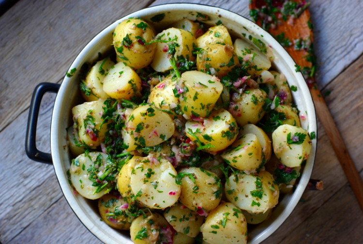 New potatoes with herby green dressing