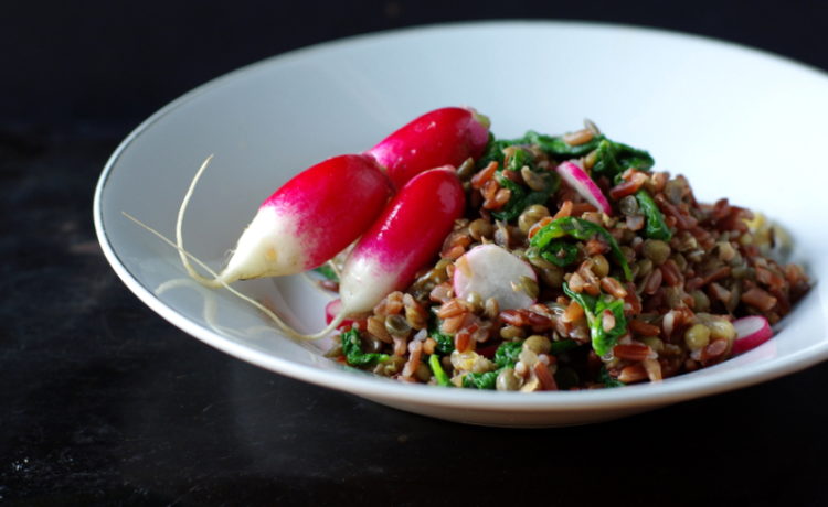 A bowl of red rice with green leaves running through it, topped with three bright, fresh radishes.